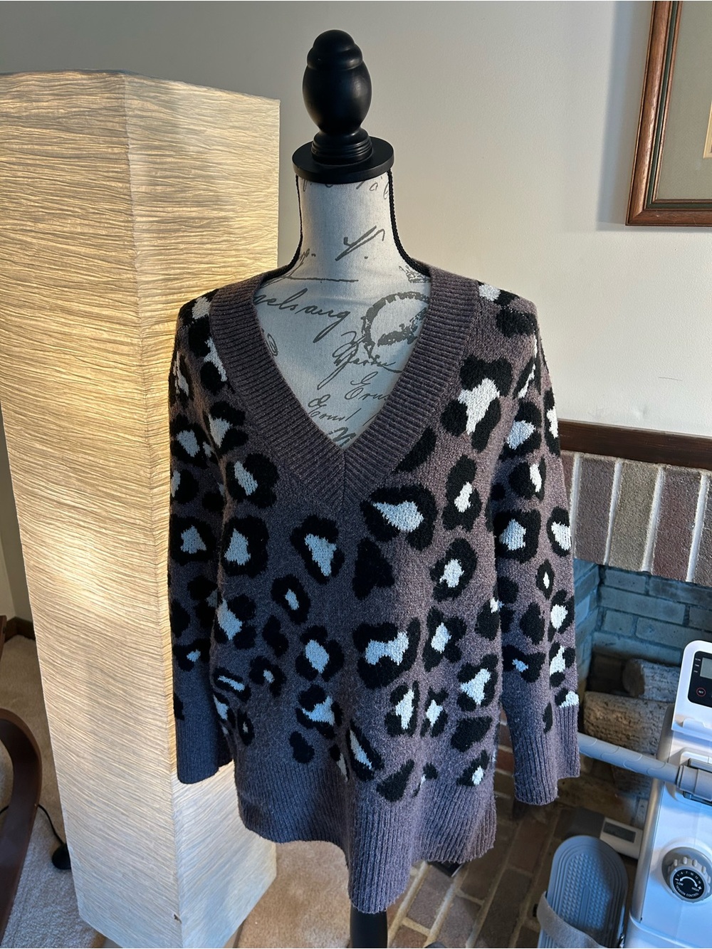 a new day Gray Leopard V-Neck Sweater